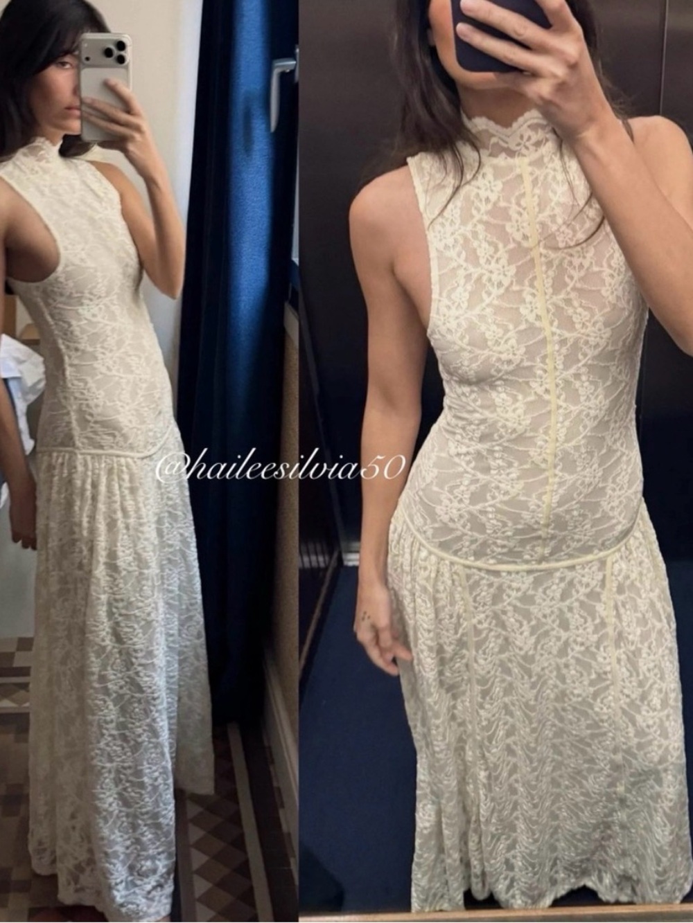 Zara Cream Lace High-Neck Maxi Dress